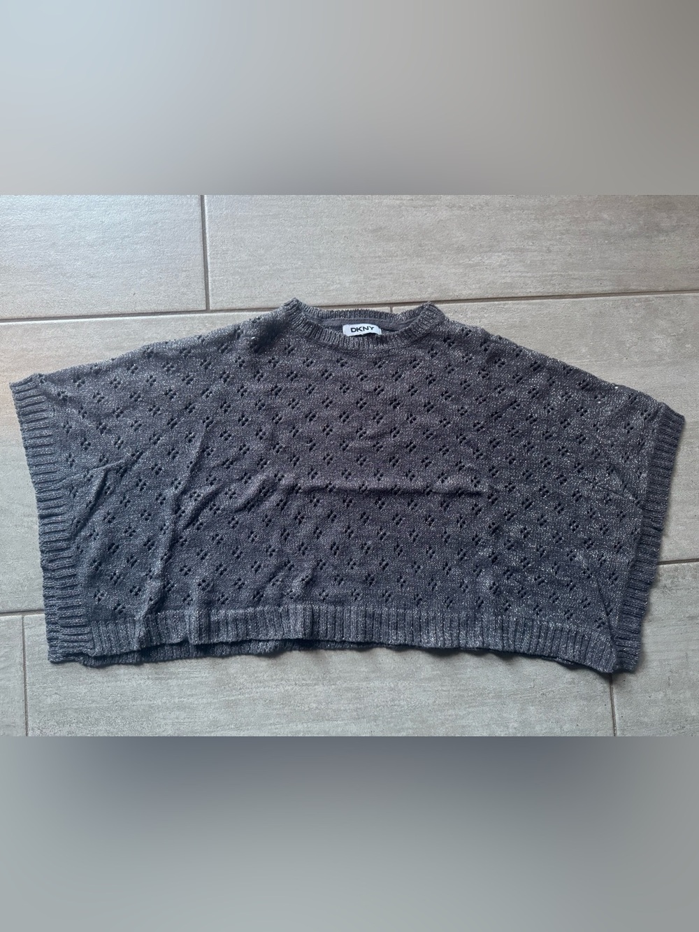 DKNY Charcoal Eyelet Knit Short-Sleeve Poncho Cape Sweater